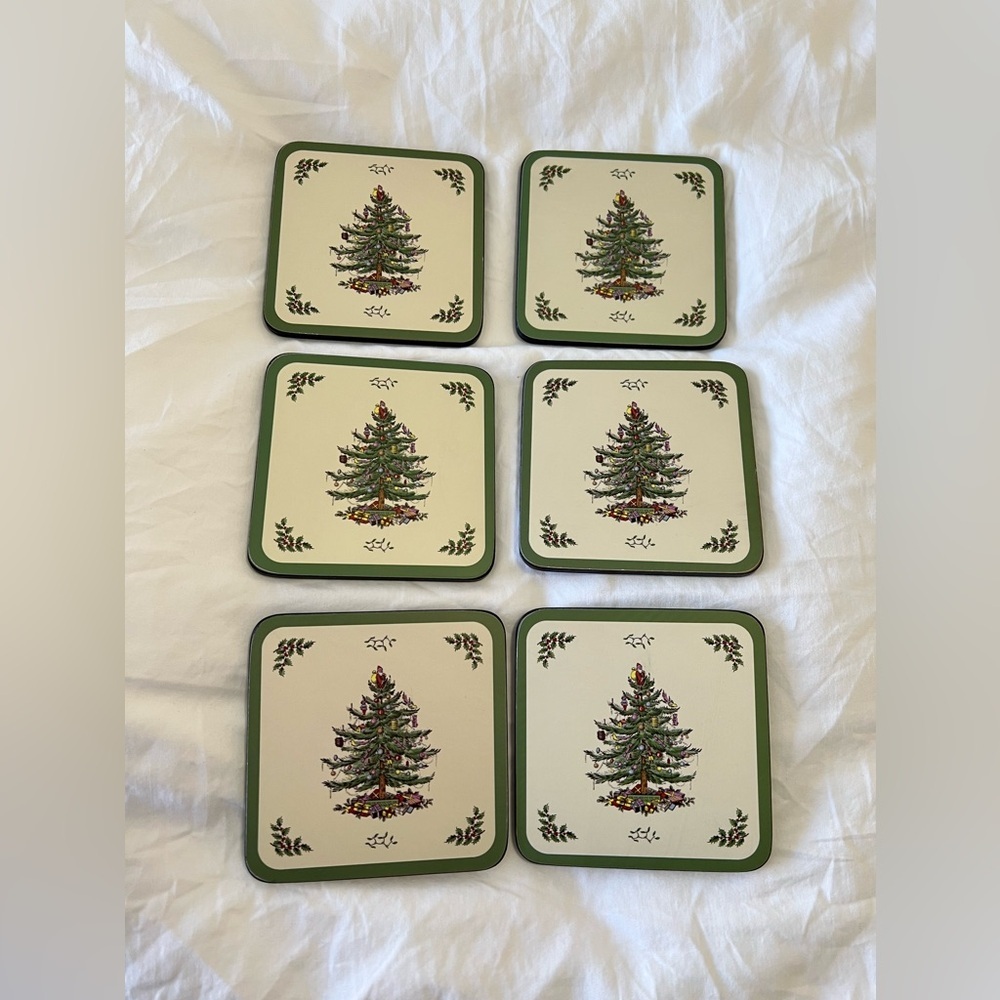 Pimpernel | Set Of 6 | Spode Christmas Tree Coasters Green Trim Cork Backing